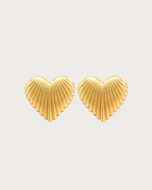 Retro Ribbed Heart Golden Stud Earrings