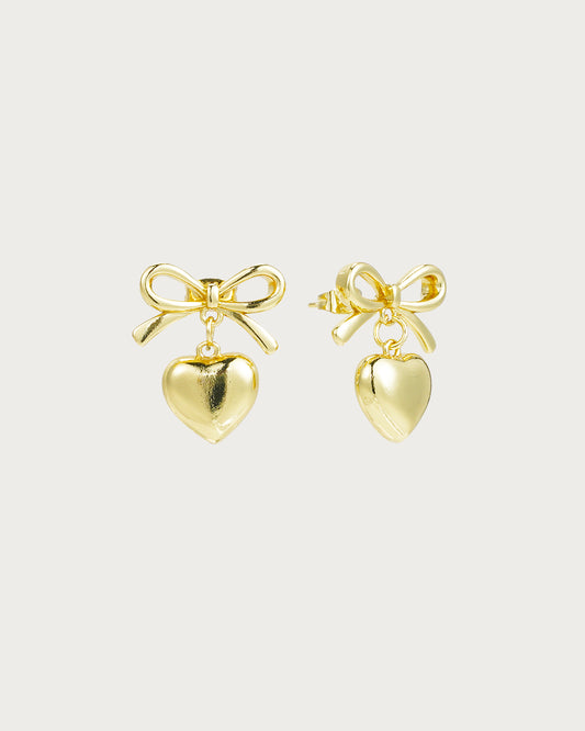 Bow Tie Dangling Heart Golden Stud Earrings