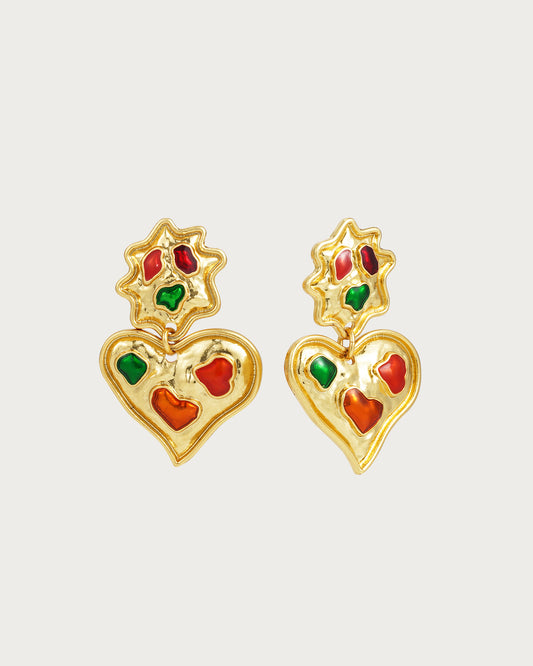 Pendientes colgantes dorados con forma de corazón retro