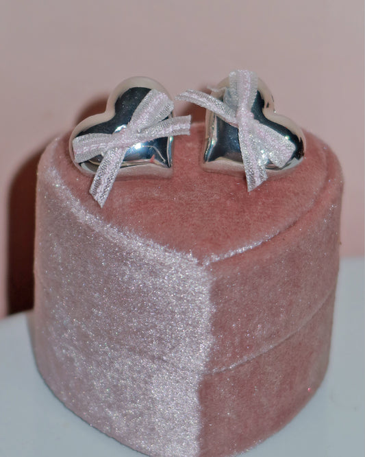 Tina Pink Bow Tie Heart Silver Stud Earrings