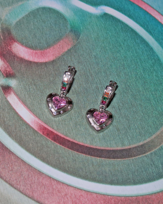 Esther Pink Heart Silver Hoop Earrings