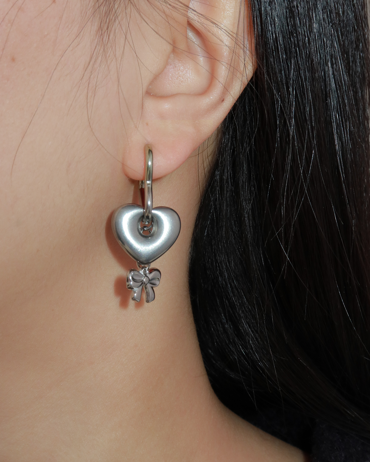 Nydia Sweet Heart Bow Charm Silver Earrings