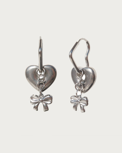 Nydia Sweet Heart Bow Charm Silver Earrings