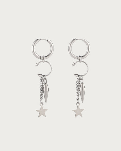 Lilith Minimalist Statement Dangle Star Hoop Silver Earrings