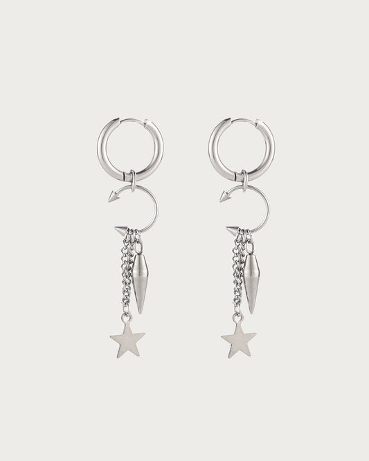 Lilith Minimalist Statement Dangle Star Hoop Silver Earrings