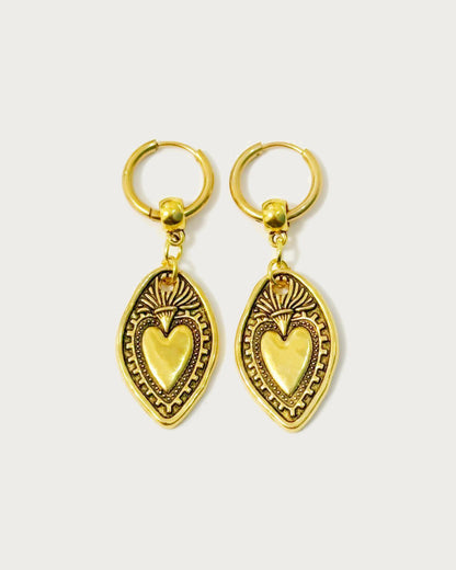 Edwina Vintage Golden Heart Shield Earrings