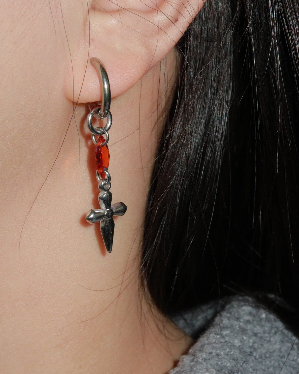 Seraphina Reddish Orange Cross Silver Hoop Earrings