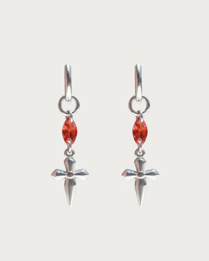 Seraphina Reddish Orange Cross Silver Hoop Earrings