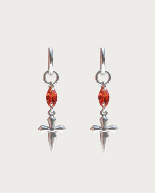 Seraphina Reddish Orange Cross Silver Hoop Earrings