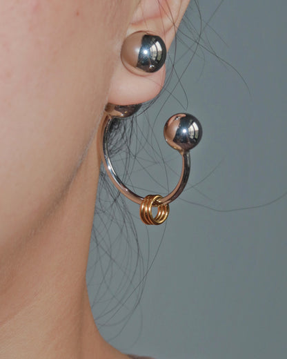 Willa Orbit Punk Silver Sphere Stud Earrings with Triple Gold Rings