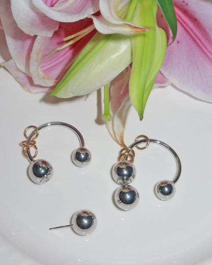 Willa Orbit Punk Silver Sphere Stud Earrings with Triple Gold Rings