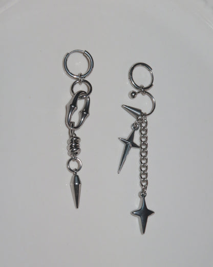 Prima Four-Point Star Horseshoe Asymmetric Silver Earrings