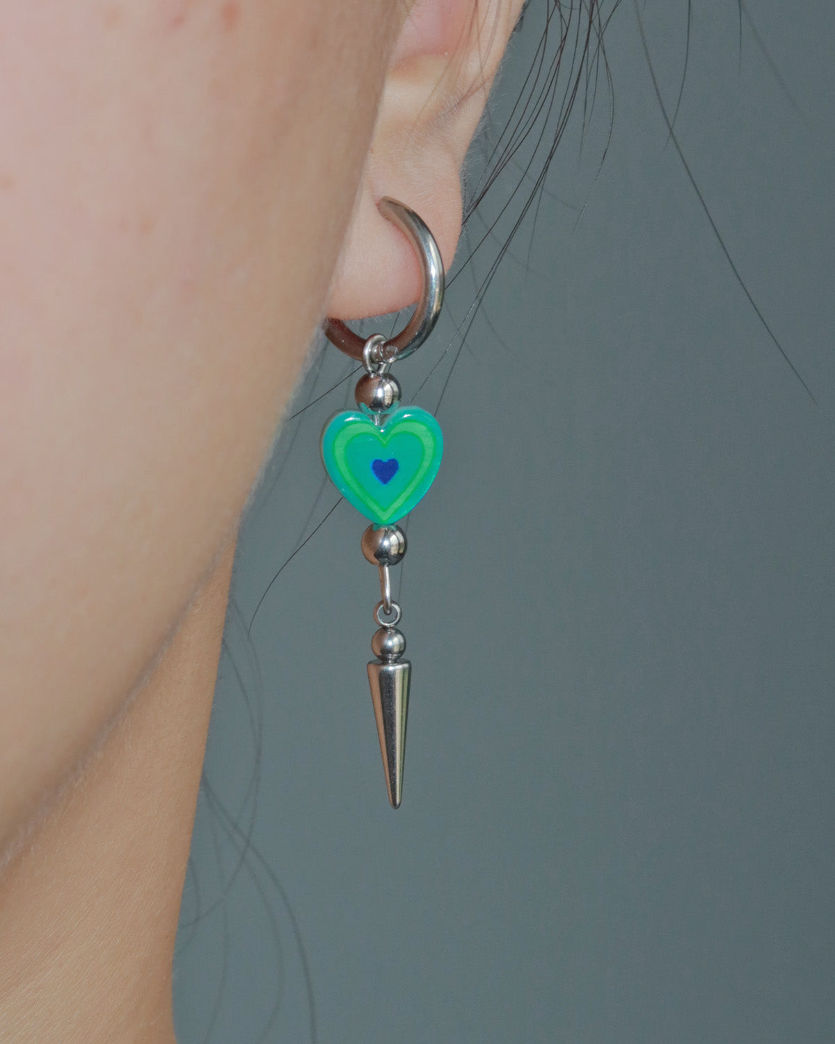 Teresa Blue Heart Spike Silver Drop Hoop Earrings