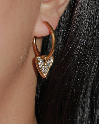 Tone Heart Crystal Silver Hoop Earrings