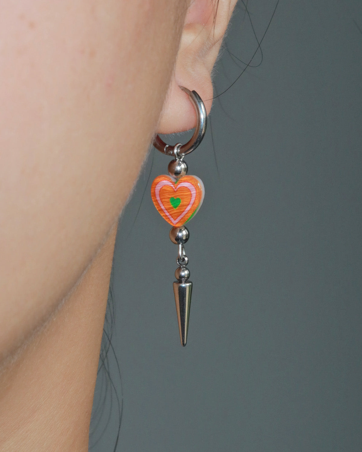 Teresa Orange Heart Spike Silver Drop Hoop Earrings