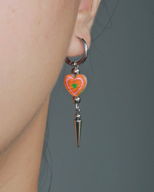 Teresa Orange Heart Spike Silver Drop Hoop Earrings