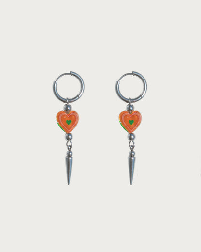 Teresa Red Heart Spike Silver Drop Hoop Earrings