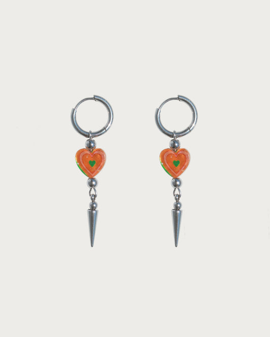Teresa Orange Heart Spike Silver Drop Hoop Earrings