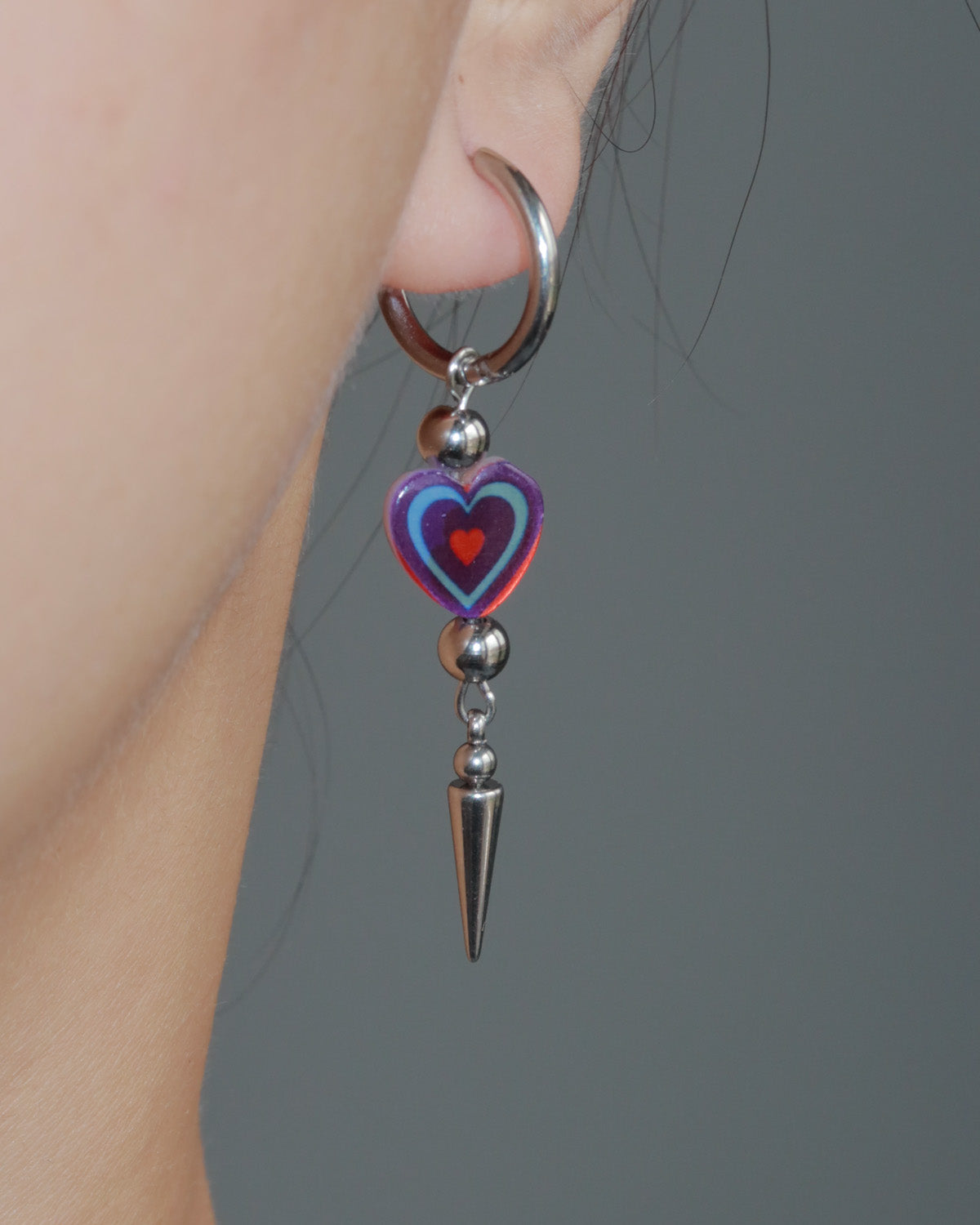 Teresa Purple Heart Spike Silver Drop Hoop Earrings