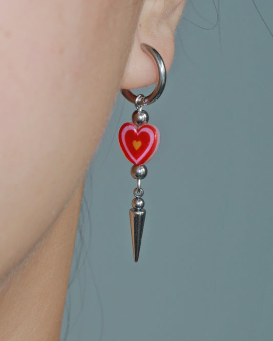 Teresa Red Heart Spike Silver Drop Hoop Earrings