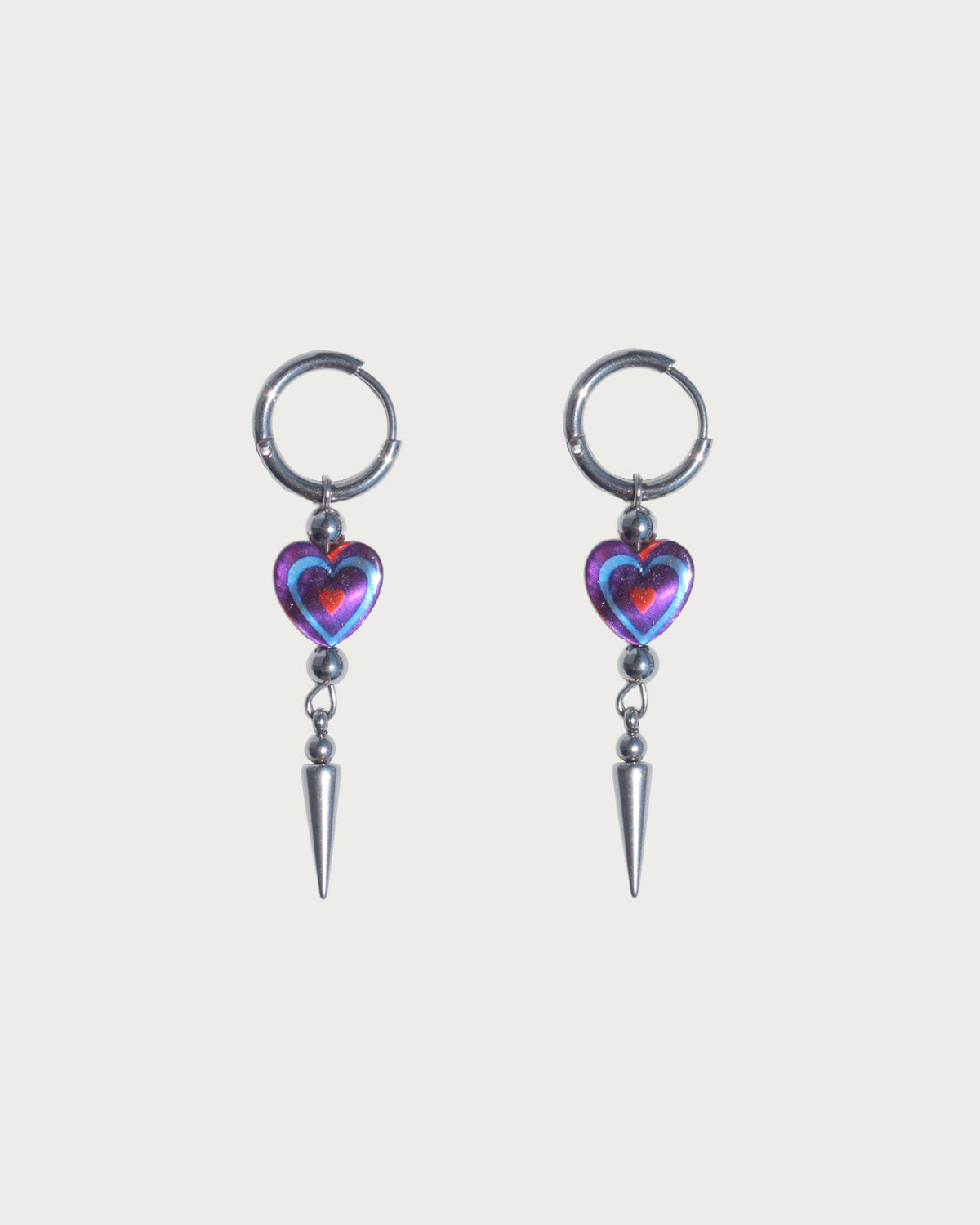 Teresa Red Heart Spike Silver Drop Hoop Earrings