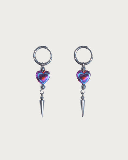 Teresa Red Heart Spike Silver Drop Hoop Earrings