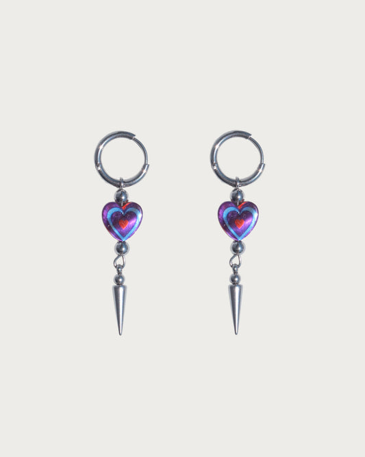 Teresa Purple Heart Spike Silver Drop Hoop Earrings