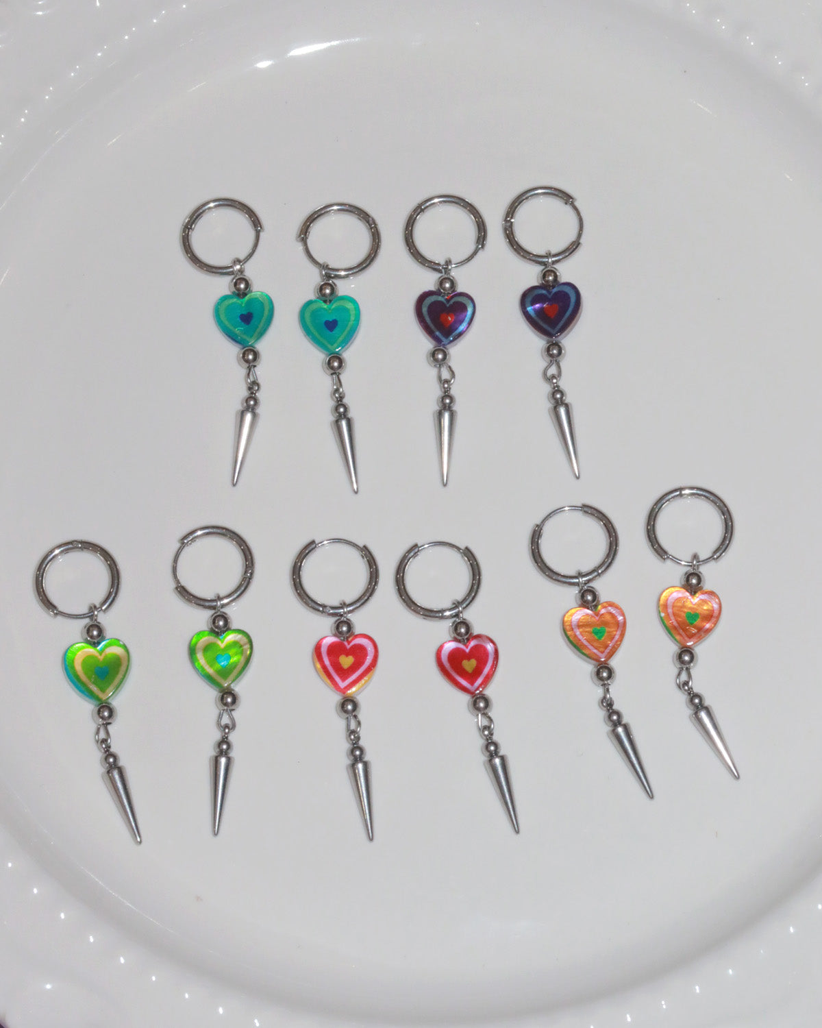 Teresa Purple Heart Spike Silver Drop Hoop Earrings