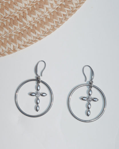 Lyra Geometric Cross Silver Hoop Earrings