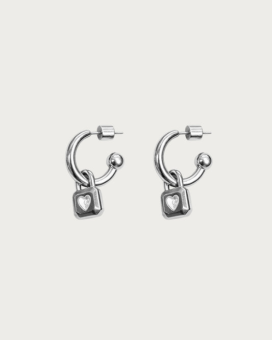 Sybil Heart Lock Silver Drop Earrings