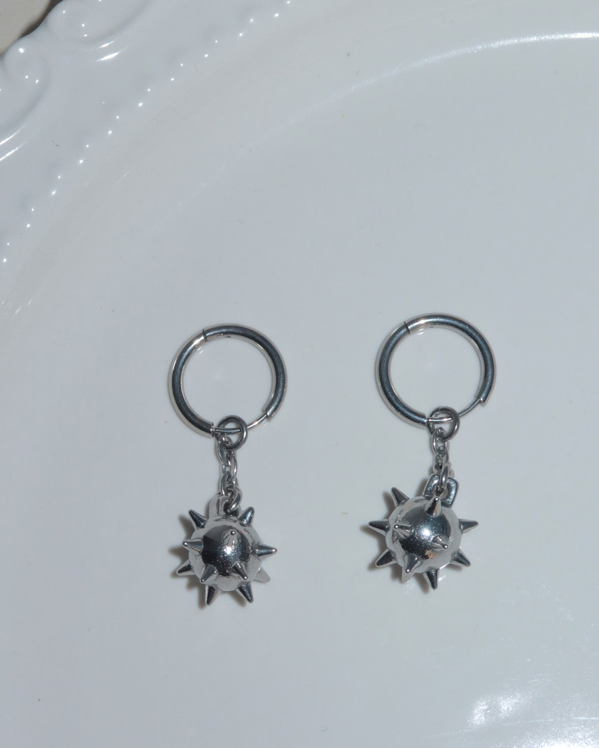 Veda Mace Charm Long Silver Drop Earrings