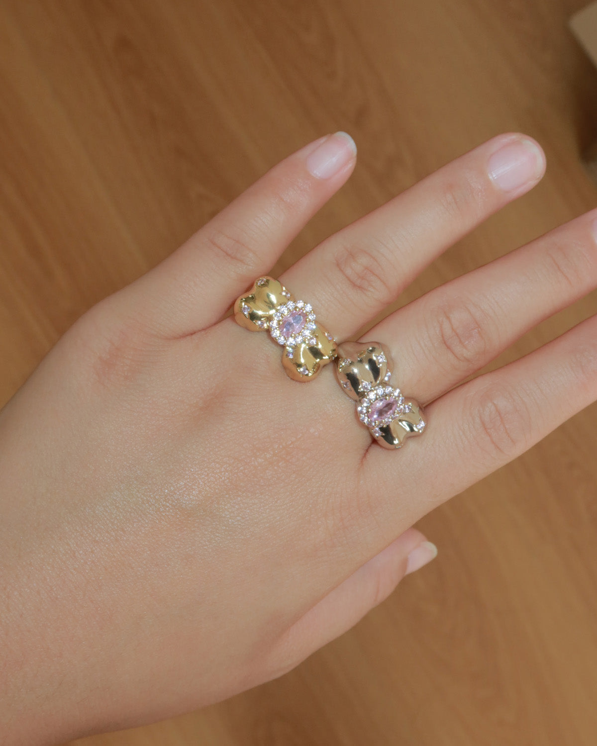 Mirelle Pink Gem Golden Bow Ring