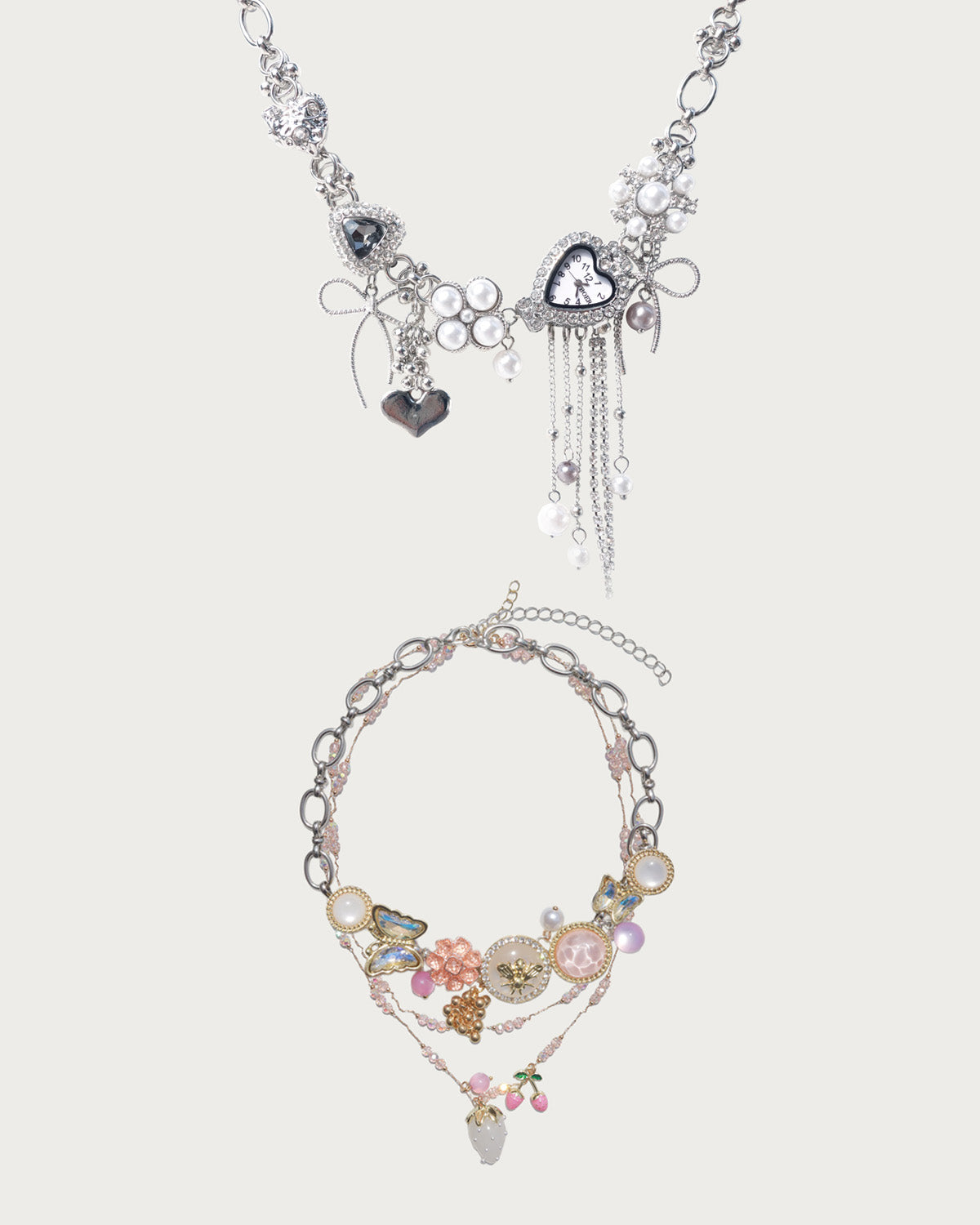 Jodie & Laurel Layered Pink Strawberry Clock Silver Necklace Set