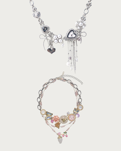 Jodie & Laurel Layered Pink Strawberry Clock Silver Necklace Set