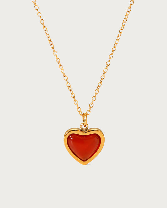 Red Carnelian Stone Heart Golden Pendant Necklace
