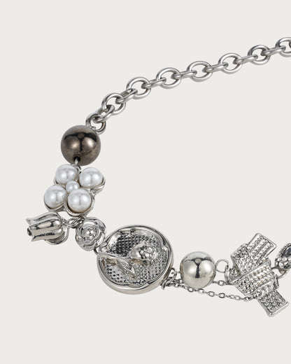 Crystal Rose Pearl Silver Choker Necklace