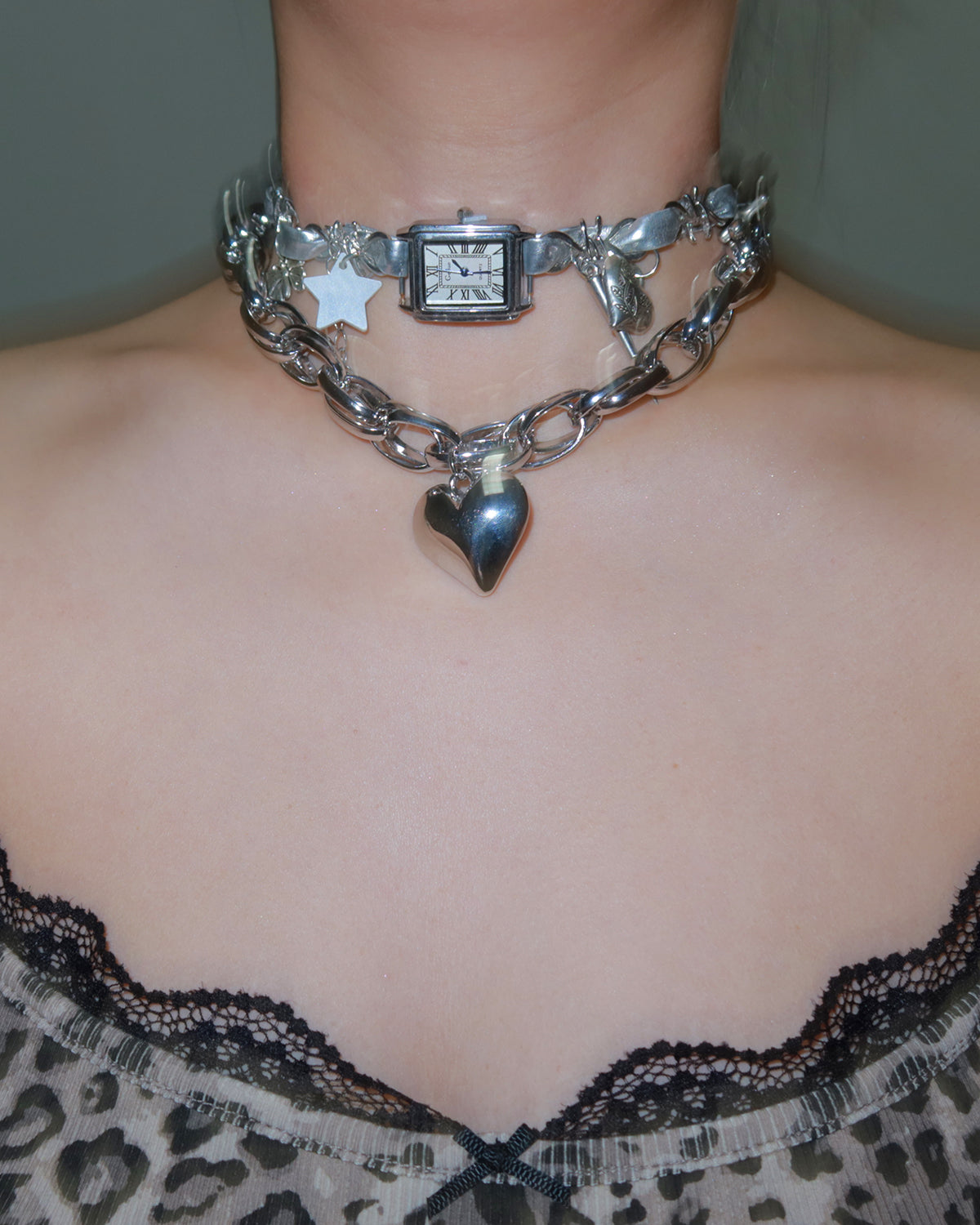 Alberta Clock Heart Silver Choker Necklace