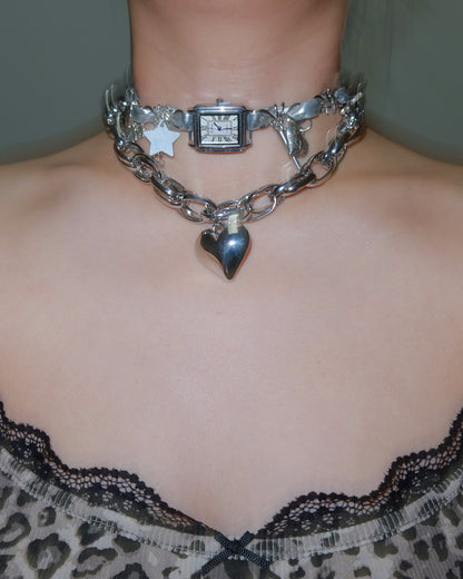 Alberta Clock Heart Silver Choker Necklace