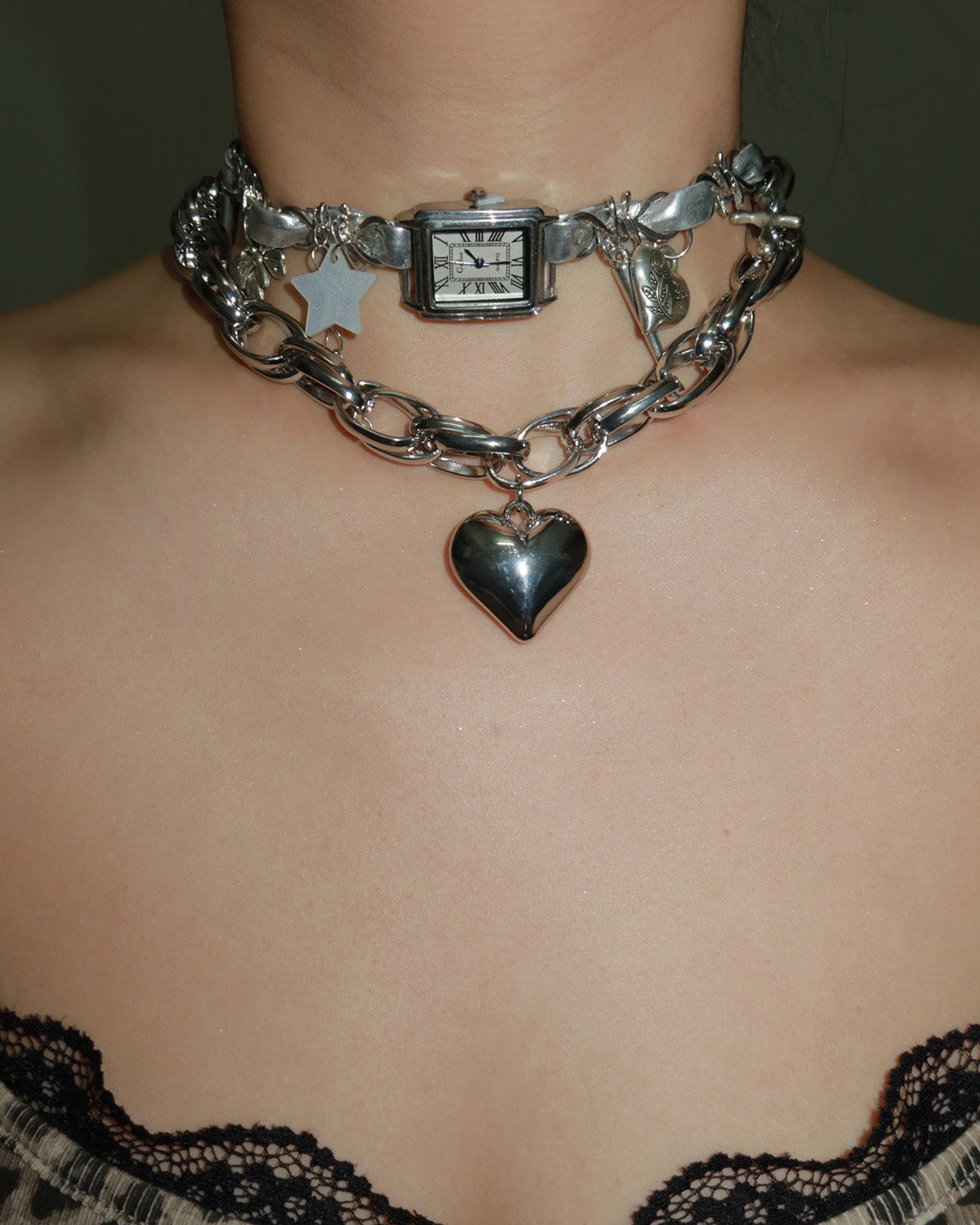 Alberta Clock Heart Silver Choker Necklace