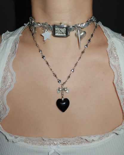 Alberta Clock Heart Silver Choker Necklace