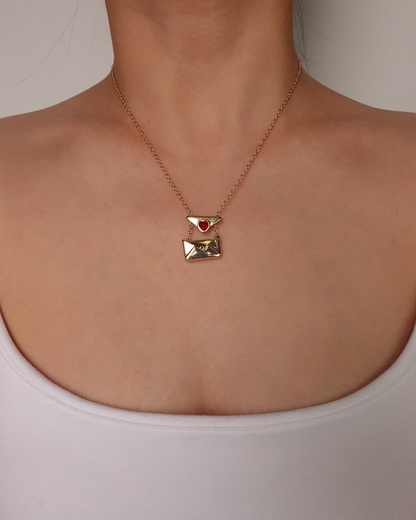 Letter Heart Red Golden Pendant Necklace