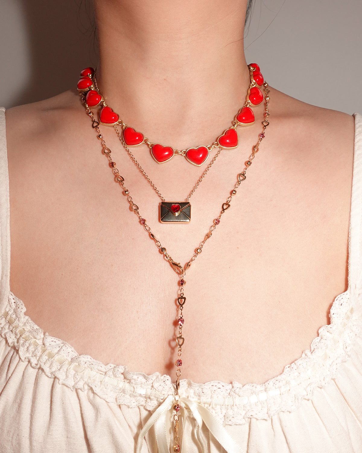 Letter Heart Red Golden Pendant Necklace