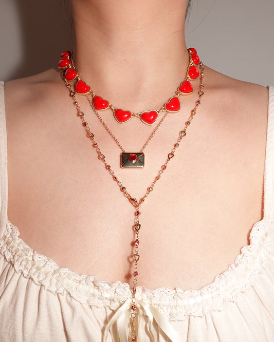Letter Heart Red Golden Pendant Necklace