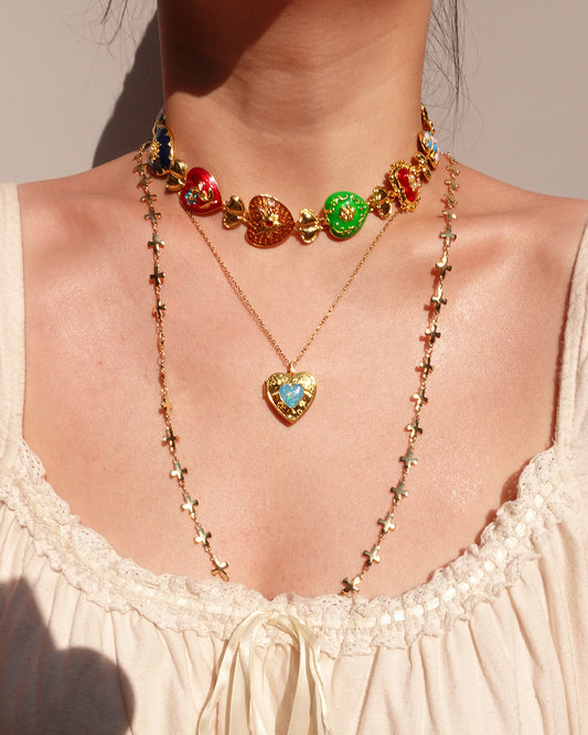 Heart Locket Blue Golden Pendant Necklace
