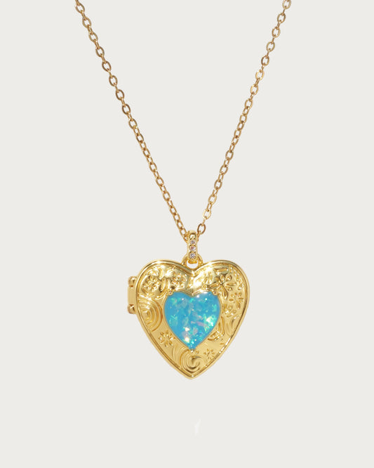 Heart Locket Blue Golden Pendant Necklace