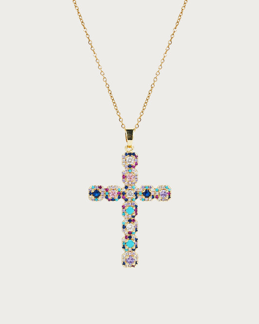 Colorful Cross Golden Pendant Necklace