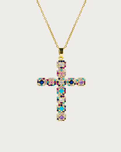 Colorful Cross Golden Pendant Necklace