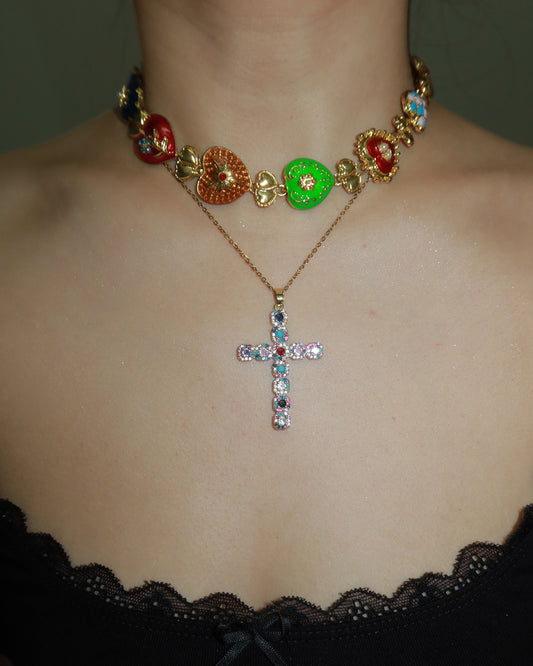 Evangeline Colorful Cross Golden Pendant Necklace