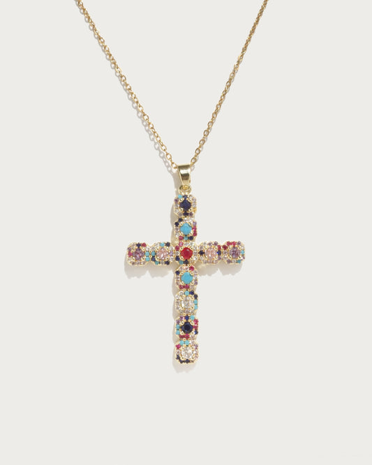 Evangeline Colorful Cross Golden Pendant Necklace