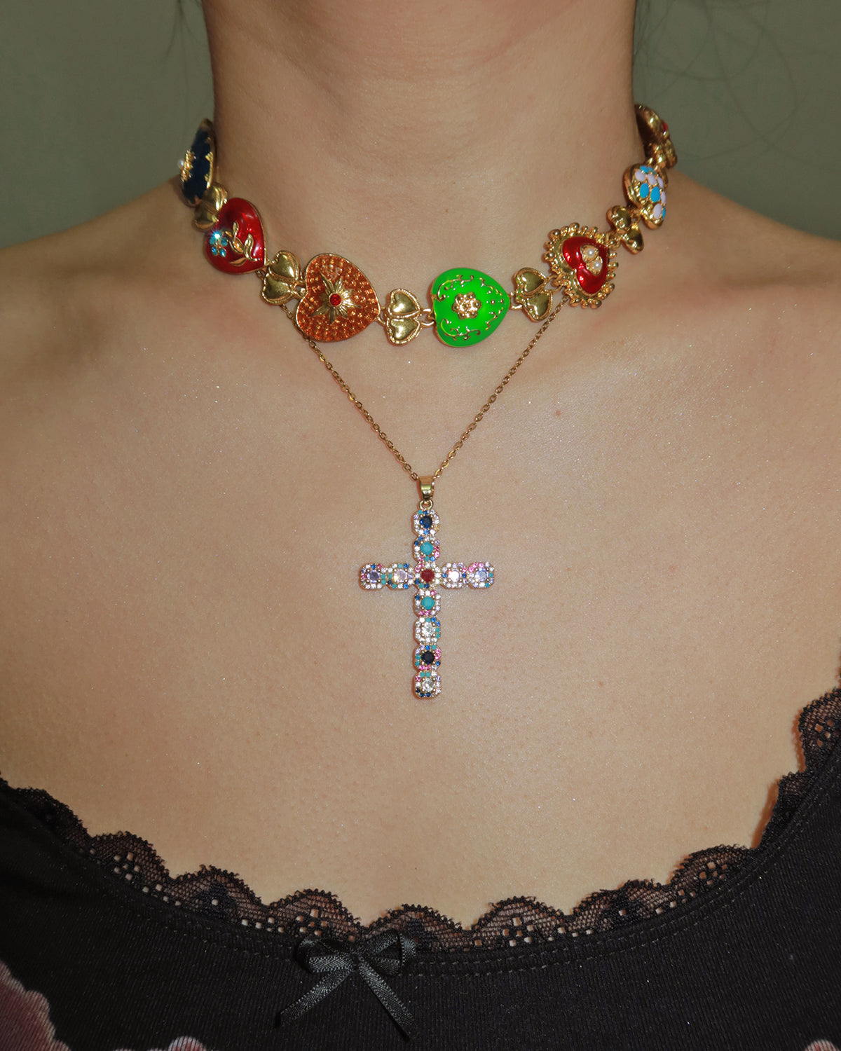 Evangeline Colorful Cross Golden Pendant Necklace